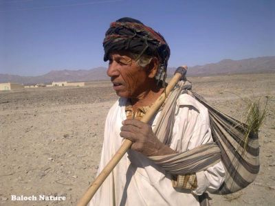 A Baloch face
بلوچ دروشُم
Baloch Droshom
اے  واجہیں بلوچ ءَ دزمال سرا انت ، تپر کوپگ ءَ انت ، وتی دلوتانی واستہ چتگیں کاہ بڈا انت، پُشتی نیمگ ءَ بلوچانی بان بادگیر ءُ بلوچستان ءِ سُرمگیں کوہ پدّر ءُ زاھر انت ۔ مردے دیم ءِ کرچک ءُ لنٹانی ھُشکی ءَ چہ زانگ بیت۔ کہ سیریں سرزمین بلوچستان ءِ مردم چنکس غریب ءُ لاچار انت۔

